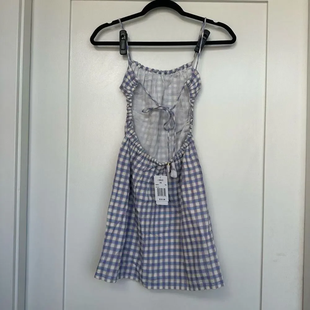 L*Space Gingham Mini Dress XS Purple White Tie Back Summer - Picture 4 of 9